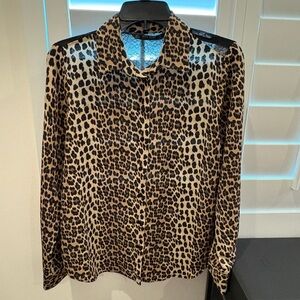 Zara Basic Women’s Button Down Leopard Print Shirt Lace Back Detail Size Large